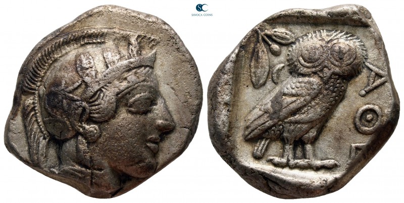 Attica. Athens circa 454-404 BC. 
Tetradrachm AR

25 mm, 14,79 g

Head of A...
