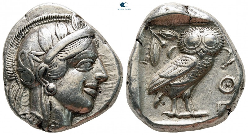 Attica. Athens circa 454-404 BC. 
Tetradrachm AR

25 mm, 17,17 g

Head of A...