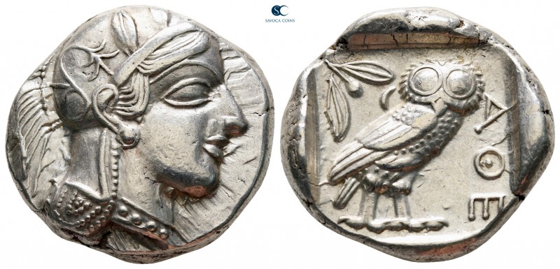 Attica. Athens circa 454-404 BC. 
Tetradrachm AR

25 mm, 17,17 g

Head of A...