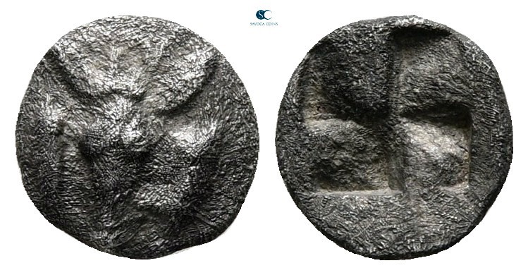 Mysia. Kyzikos circa 525-475 BC. 
Hemiobol AR

7 mm, 0,33 g

Head of stag f...