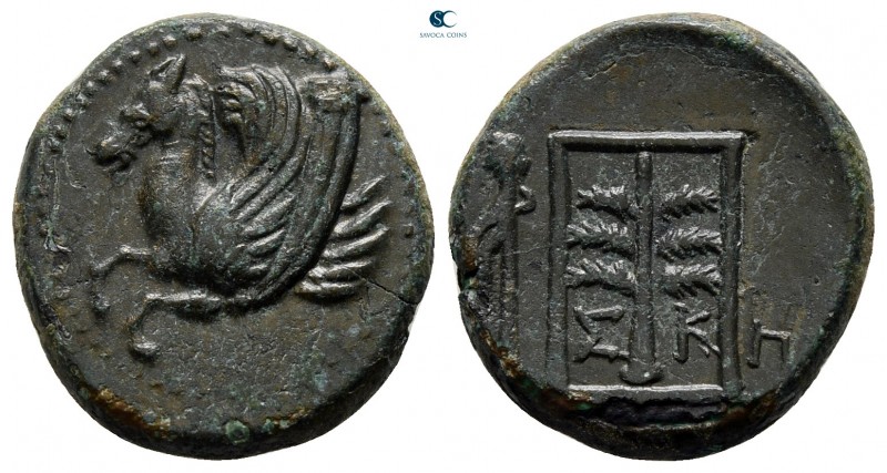 Troas. Skepsis 400-300 BC. 
Bronze Æ

17 mm, 3,47 g

Rhyton in form of flyi...