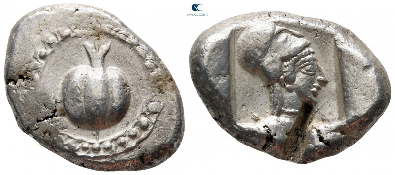 Pamphylia. Side 460-430 BC. 
Stater AR

25 mm, 10,91 g

Pomegranate; to upp...