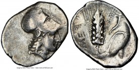 LUCANIA. Metapontum. Ca. 325-275 BC. AR diobol (14mm, 7h). NGC VF. Head of Athena right, wearing Corinthian helmet pushed back on head / META, barley ...