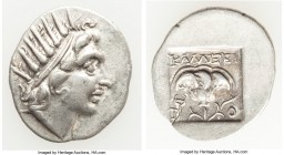 CARIAN ISLANDS. Rhodes. Ca. 88-84 BC. AR drachm (18mm, 1.79 gm, 11h). XF. Plinthophoric standard, Callixei(nos), magistrate. Radiate head of Helios ri...