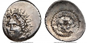 CARIAN ISLANDS. Rhodes. Ca. 84-30 BC. AR drachm (22mm, 4.03 gm, 12h). NGC Choice AU 3/5 - 3/5, scratch. Basileides, magistrate. Radiate head of Helios...