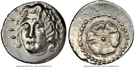 CARIAN ISLANDS. Rhodes. Ca. 84-30 BC. AR drachm (20mm, 12h). NGC Choice AU, brushed. Radiate head of Helios facing, turned slightly left, hair parted ...