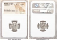 Anonymous (after ca. 211 BC). AR denarius (18mm, 12h). NGC VF. Rome. Head of Roma right, wearing winged helmet decorated with griffin crest; X (mark o...