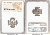 Anonymous (ca. 157-156 BC). AR denarius (18mm, 9h). NGC VF. Rome. Head of Roma right, wearing pendant earring, necklace and winged helmet decorated wi...