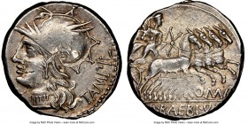 M. Baebius Q.f. Tampilus (ca. 137 BC). AR denarius (19mm, 7h). NGC Choice VF, brushed. TAMPIL, head of Roma left in winged helmet decorated with griff...