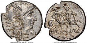 Cn. Lucretius Trio (ca. 136 BC). AR denarius (18mm, 3.91 gm, 5h). NGC MS 4/5 - 4/5. Rome. TRIO, head of Roma right, wearing winged helmet decorated wi...
