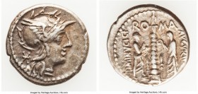 Ti. Minucius C.f. Augurinus (ca. 134 BC). AR denarius (19mm, 3.93 gm, 9h). Choice VF. Rome. Head of Roma right, wearing pendant earring, necklace and ...