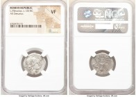 L. Minucius (ca. 133 BC). AR denarius (20mm, 9h). NGC VF. Rome. Head of Roma right, wearing pendant earring and winged helmet decorated with griffin c...