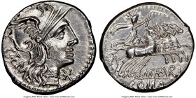 C. Aburius Geminus (ca. 132 BC). AR denarius (19mm, 3.96 gm, 7h). NGC MS 5/5 - 3/5. Rome. GEM, head of Roma right, wearing winged helmet decorated wit...