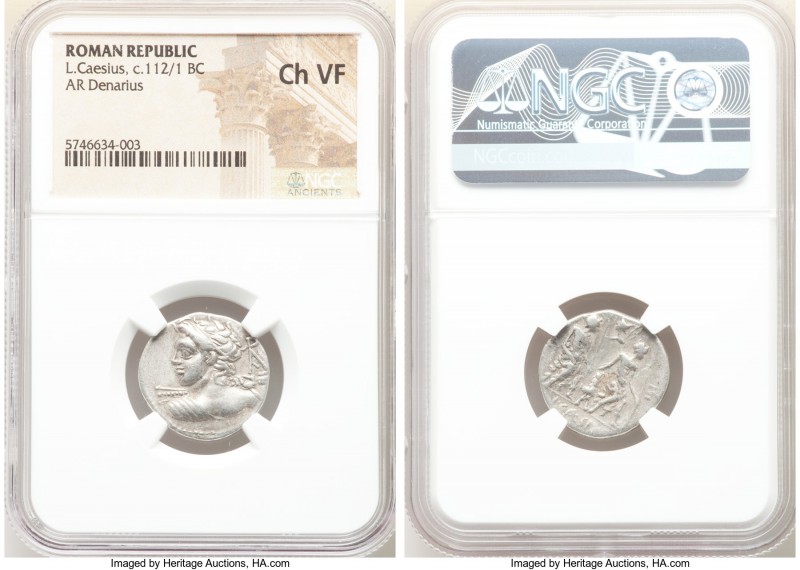 Lucius Caesius (112/1 BC). AR denarius (20mm, 1h). NGC Choice VF. Rome. Bust of ...