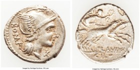 L. Flaminius Chilo (ca. 109-108 BC). AR denarius (20mm, 3.87 gm, 3h). Choice VF. Rome. ROMA, head of Roma right, wearing pendant earring and winged he...