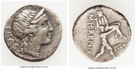 M. Herennius (ca. 108-107 BC). AR denarius (18mm, 3.68 gm, 12h). Choice Fine. PIETAS (TA ligate), head of Pietas right / M•HERENNI (HE ligate), one of...