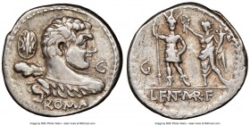 P. Cornelius Lentulus Marcellinus (ca. 100 BC). AR denarius (19mm, 1h). NGC Choice VF. Rome. ROMA, bare headed bust of young Hercules right, seen from...