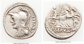 P. Servilius M.f. Rullus (100 BC). AR denarius (21mm, 3.90 gm, 5h). VF. Rome. RVLLI, helmeted bust of Minerva left, wearing aegis / P•SERVILI•M•F•, Vi...