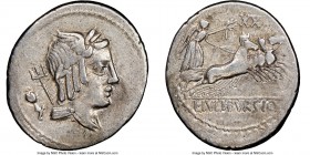 L. Julius Bursio (ca. 85 BC). AR denarius (21mm, 12h). NGC VF. Rome. Laureate, winged, draped bust of Apollo Vejovis right; trident over shoulder, pop...