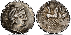 C. Naevius Balbus (79 BC). AR serratus denarius (18mm, 4h). NGC XF, brushed. Rome. Head of Venus right, wearing stephane, necklace and earring; S•C be...