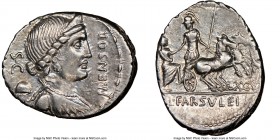 L. Farsuleius Mensor (ca. 76-75 BC). AR denarius (20mm, 3h). NGC Choice XF. Rome. MENSOR, diademed and draped bust of Libertas right; S•C and pileus b...