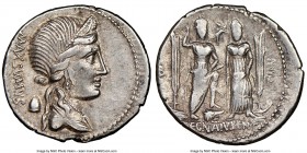 Cn. Egnatius Cn.f. Cn.n. Maxsumus (76 BC). AR denarius (20mm, 5h). NGC Choice VF. Rome. MAXSVMVS, diademed and draped bust of Libertas right; behind, ...
