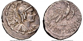 M. Plaetorianus M.f. Cestianus (ca. 67 or 57 BC). AR denarius (18mm, 5h). NGC XF. Rome. CESTIANVS (downwards), laureate, helmeted, draped bust right o...