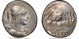 T. Carisius (ca. 46 BC). AR denarius (18mm, 3.85 gm, 1h). NGC MS 3/5 - 3/5, bankers mark. Rome. Draped and winged bust of Victory right / T•CARISI, Vi...