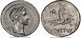 Augustus (27 BC-AD 14). AR denarius (19mm, 3.47 gm 11h). NGC AU 5/5 - 2/5. Uncertain Eastern mint, after 27 BC. Laureate head of Augustus right with w...