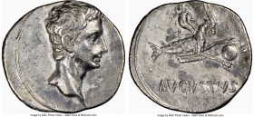 Augustus (27 BC-AD 14). AR denarius (19mm, 6h). NGC Choice VF, bankers mark. Spain (Colonia Patricia?), ca. 18-16 BC. Bare head of Augustus right with...
