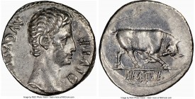 Augustus (27 BC-AD 14). AR denarius (18mm, 7h). NGC XF, bankers mark. Lugdunum, ca. 15-13 BC. AVGVSTVS-DIVI•F, bare head of Augustus right; dotted bor...