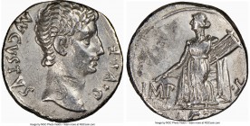 Augustus (27 BC-AD 14). AR denarius (17mm, 10h). NGC Choice VF, bankers mark. Lugdunum, ca. 15-13 BC. AVGVSTVS DIVI F, bare head of Augustus right / I...