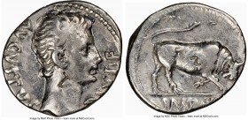 Augustus (27 BC-AD 14). AR denarius (19mm, 8h). NGC VF, bankers marks. Lugdunum, ca. 11 BC. AVGVSTVS-DIVI•F, bare head of Augustus right; dotted borde...