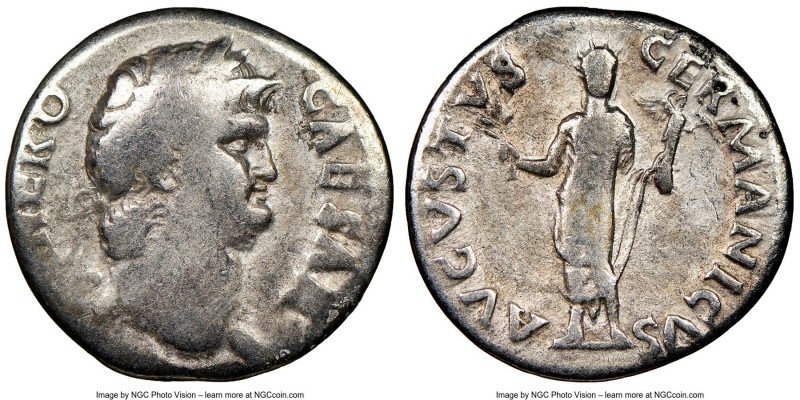 Nero (AD 54-68). AR denarius (17mm, 6h). NGC VG Rome, ca. AD 64-65. NERO-CAESAR,...