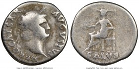 Nero (AD 54-68). AR denarius (18mm, 7h). NGC VG. Rome, AD 65-66. NERO CAESAR-AVGVSTVS, laureate head of Nero right / SALVS, Salus seated left on thron...