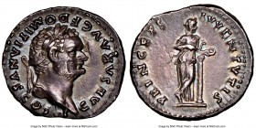 Domitian, as Caesar (AD 81-96). AR denarius (18mm, 7h). NGC AU, scuff. Rome, AD 79. CAESAR AVG F DOMITIANVS COS VI, laureate head of Domitian right / ...