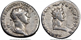 Trajan (AD 98-117). AR denarius (18mm, 5h). NGC VF. Rome, AD 114-117. IMP CAES NER TRAIAN OPTIM AVG GER DAC PARTHICO, laureate, draped bust of Trajan ...