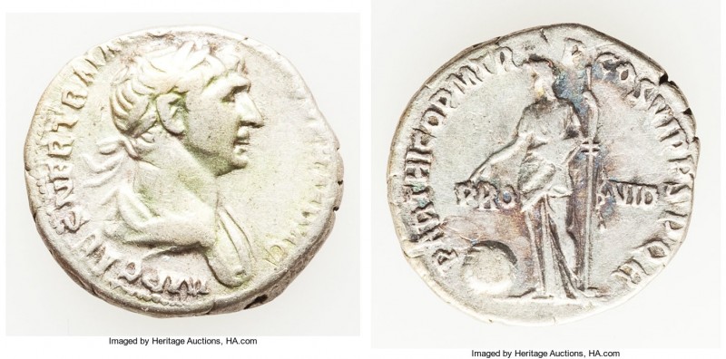 Trajan (AD 98-117). AR denarius (19mm, 2.95 gm, 7h). VF. Rome, AD 114-117. IMP C...