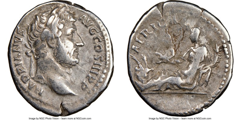Hadrian (AD 117-138). AR denarius (19mm, 6h). NGC Choice Fine, flan flaw. Rome, ...