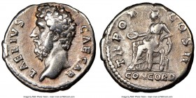 Aelius Caesar (AD 136-138). AR denarius (18mm, 6h). NGC VF. Rome, AD 137. L AELIVS-CAESAR, bare head of Aelius left / TR POT-COS II, Concordia seated ...