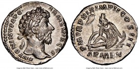 Marcus Aurelius, as Augustus (AD 161-180). AR denarius (17mm, 6h). NGC Choice AU. Rome, AD 164-165. ANTONINVS AVG-ARMENIACVS, laureate head of Marcus ...