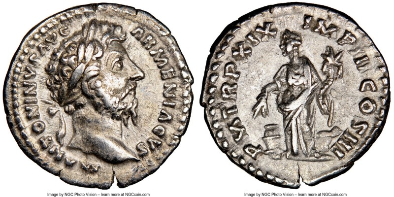Marcus Aurelius, as Augustus (AD 161-180). AR denarius (18mm, 12h). NGC XF. Rome...