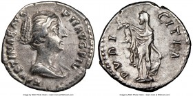 Faustina Junior (AD 147-175/6). AR denarius (18mm, 7h). NGC VF. Rome, AD 154-156. FAVSTINA AVG-PII AVG FIL, draped bust of Faustina Junior right, seen...