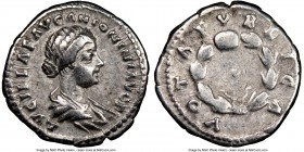 Lucilla (AD 164-182/3). AR denarius (19mm, 6h). NGC VF. Rome. LVCILLAE AVG ANTONINI AVG F, draped bust of Lucilla right, seen from front, hair weaved ...