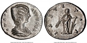 Julia Domna (AD 193-217). AR denarius (19mm, 1h). NGC AU. Laodicea ad Mare, AD 198-202. IVLIA-AVGVSTA, draped bust right / LAETITIA, Laetitia standing...