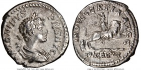 Caracalla, as Caesar (AD 198-217). AR denarius (20mm, 1h). NGC Choice VF. Rome, AD 201-206. ANTONINVS-PIVS AVG, laureate, draped, youthful bust of Car...
