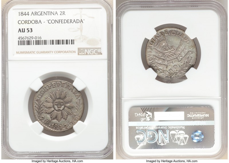 Cordoba. Provincial 2 Reales 1844 AU53 NGC, KM23. CONFEDERADA variety. Ashen-gra...