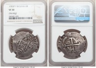 Philip V Cob 8 Reales 1703 P-Y VF30 NGC, Potosi mint, KM31. 26.66gm. 

HID09801242017

© 2020 Heritage Auctions | All Rights Reserve