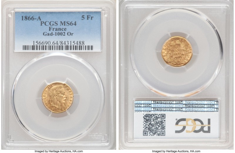 Napoleon III gold 5 Francs 1866-A MS64 PCGS, Paris mint, KM803.1, Gad-1002. 

...