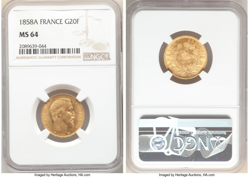 Napoleon III gold 20 Francs 1858-A MS64 NGC, Paris mint, KM781.1. Beautiful hone...